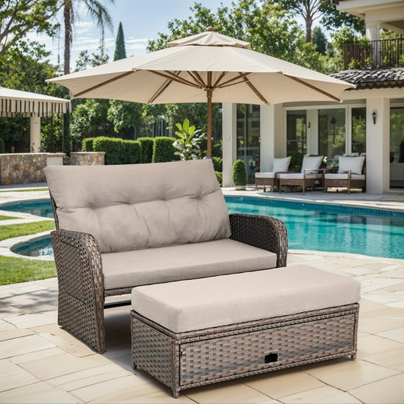 PARKWELL 2-Piece Outdoor Patio Rattan Daybed Furniture Set,Wicker Loveseat Sofa with Built-in Storage Ottoman,Adjustable Backrest,Retractable Side Tray,Brown Rattan, Beige Cushions