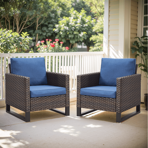 PARKWELL 2-Piece Wicker Patio Chairs - Outdoor Patio Lounge Chairs with Cushion - Oversized Rattan Seating Set - Blue