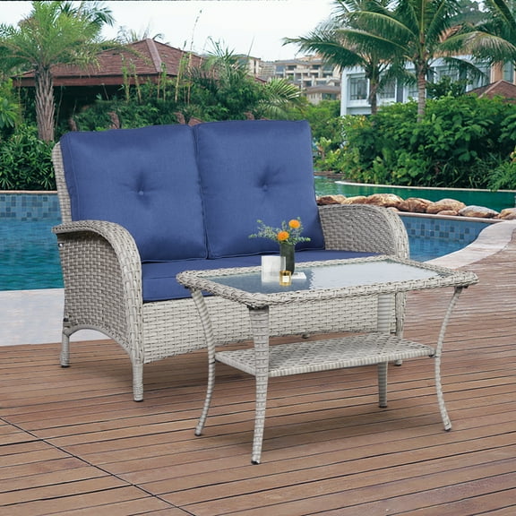 PARKWELL 2 Pieces Outdoor Patio Conversation Set ,Rattan Wicker Loveseat Sofa Chair and Glass Coffee Table for Backyard Porch Garden Balcony Use,Blue
