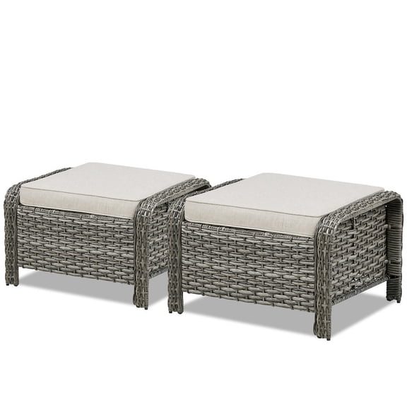 PARKWELL 2 Pieces Outdoor Patio Ottoman, All Weather Rattan Wicker Footstool Oversized Footrest Seat with Removable Cushions