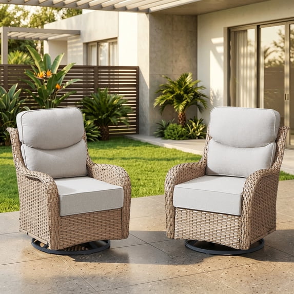 PARKWELL 2PCS Outdoor Swivel Gliders Patio Wicker Swivel Rocking Chair with Removable 6-Inch Thick Cushions and High Back in Yellow Wicker