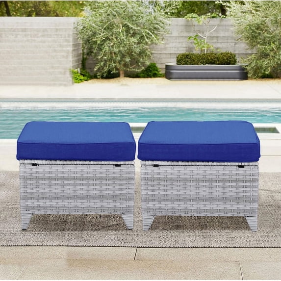 PARKWELL 2PCS Outdoor Wicker Ottoman Patio Rattan Furniture Footrest Seat Square Footstool w/Blue Cushion