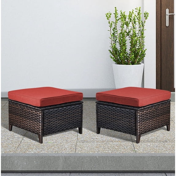 PARKWELL 2PCS Outdoor Wicker Ottoman Patio Rattan Furniture Footrest Seat Square Footstool w/Red Cushion