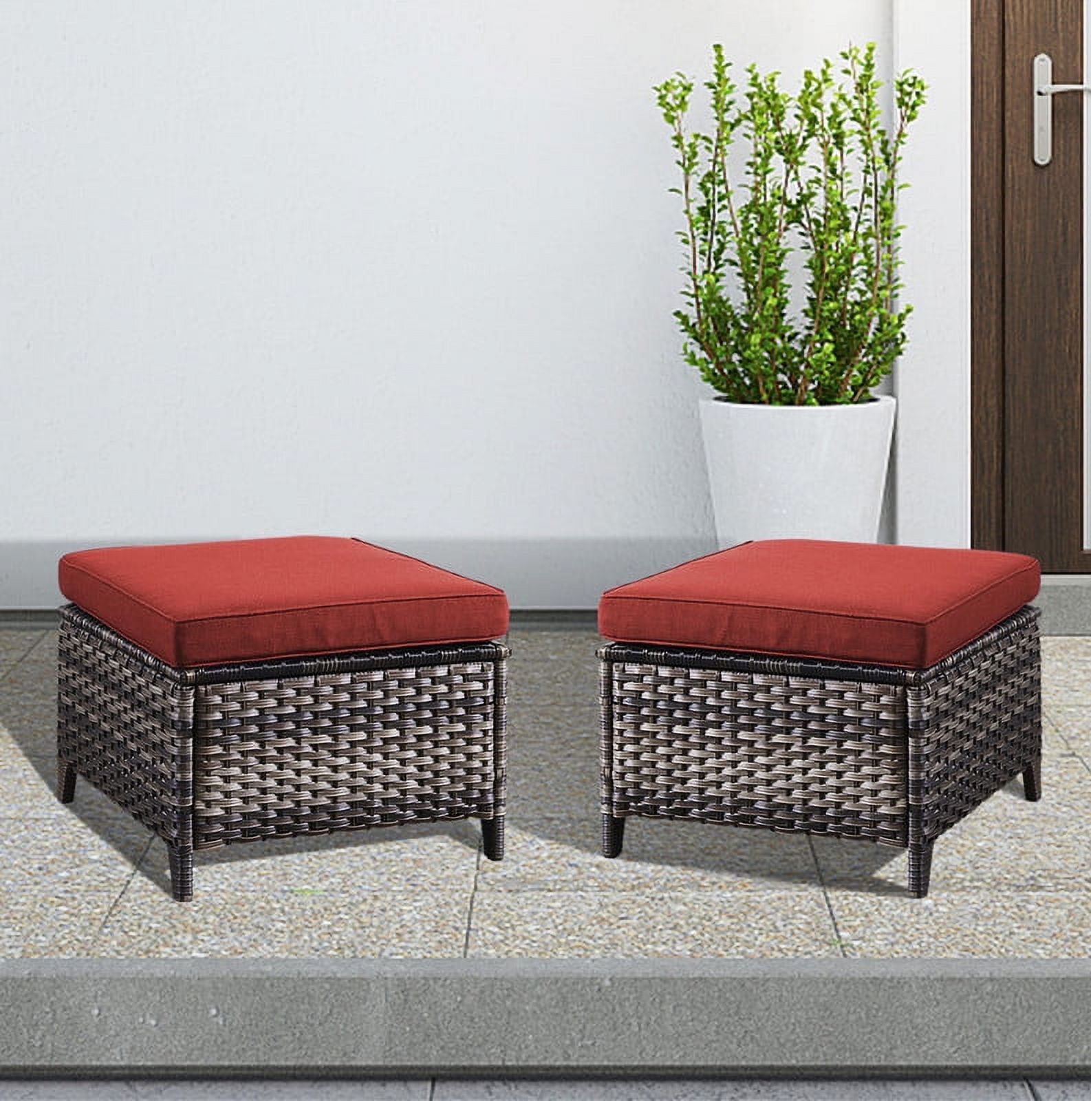 PARKWELL 2PCS Outdoor Wicker Ottoman Patio Rattan Furniture Footrest Seat Square Footstool w/Red Cushion