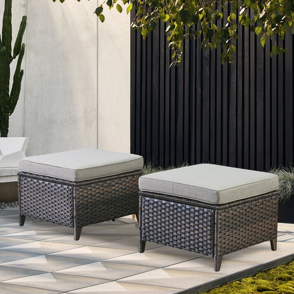 PARKWELL 2PCS Outdoor Wicker Ottoman Patio Rattan Furniture Metal Footrest Seat Square Footstool w/ Gray Cushion
