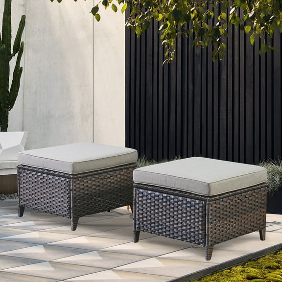 PARKWELL 2PCS  Outdoor Wicker Ottoman Patio Rattan Furniture Metal Footrest Seat Square Footstool w/ Gray Cushion