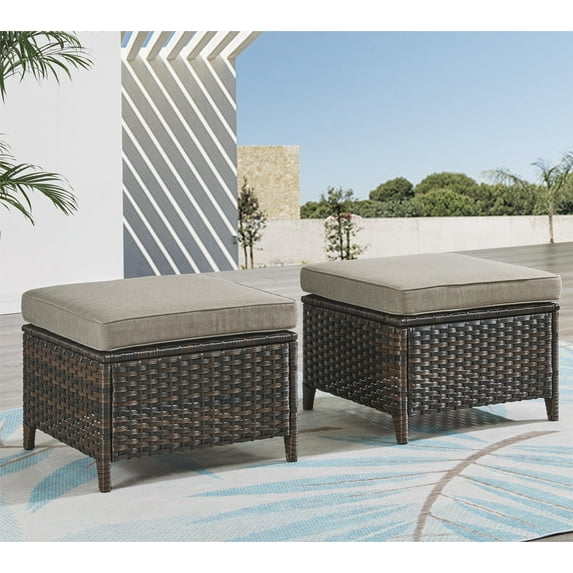 PARKWELL 2PCS Patio Rattan Ottoman Outdoor Foot Rest with Gray Cushion in Brown Wicker