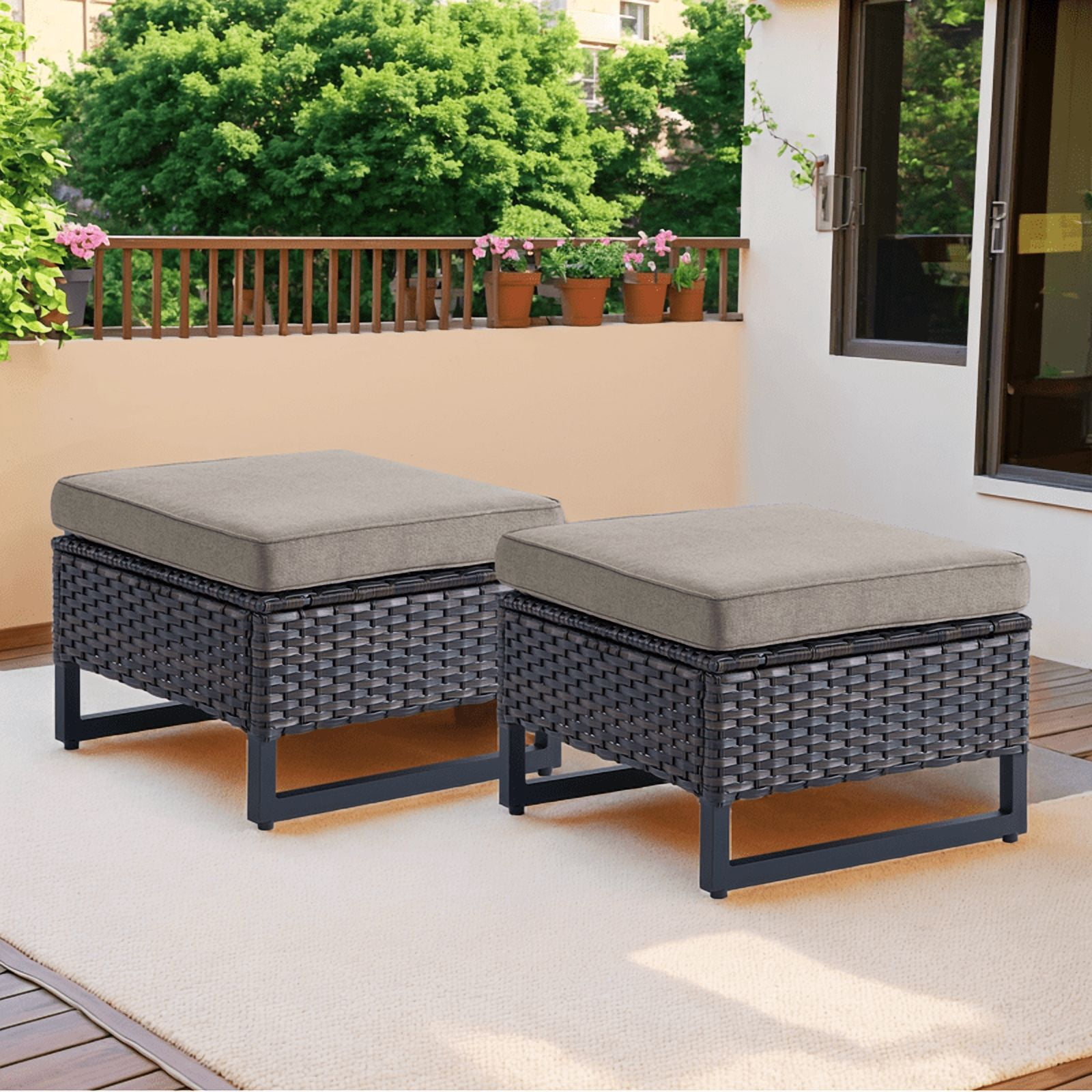 Patiño Resty PARKWELL 2PCS Patio Rattan Ottoman Seat Foot Rest Side Table with ...
