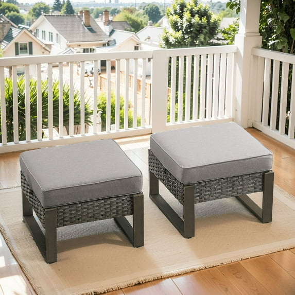 PARKWELL 2PCS Patio Wicker Ottoman Seat Foot Rest Side Table with Cushions for Indoor Outdoor,Gray