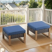 PARKWELL 2PCS Patio Wicker Ottoman Seat Foot Rest Side Table with Cushions for Indoor Outdoor,Navy