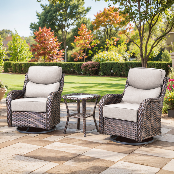 PARKWELL 3-Piece Outdoor Swivel Glider Chair with Side Table,Luxury High Back 6-Inch Thick Cushions Swivel Rocker Rocking Lounge Chair,Patio Bistro Set for Porch Deck Backyard,Brown/Beige
