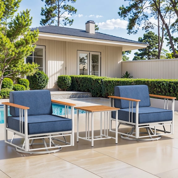 PARKWELL 3-Piece Outdoor Swivel Glider Chair with Side Table,Patio Oversized Metal Club Swivel Rocker Lounge Chairs with Luxury 6-Inch Thick Cushions for Front Porch Deck,White/Navy