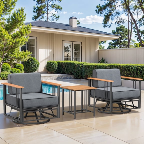 PARKWELL 3-Piece Outdoor Swivel Glider Chair with Side Table,Patio Oversized Metal Club Swivel Rocker Lounge Chairs with Luxury 6-Inch Thick Cushions for Front Porch Deck,Black/Dark Gray