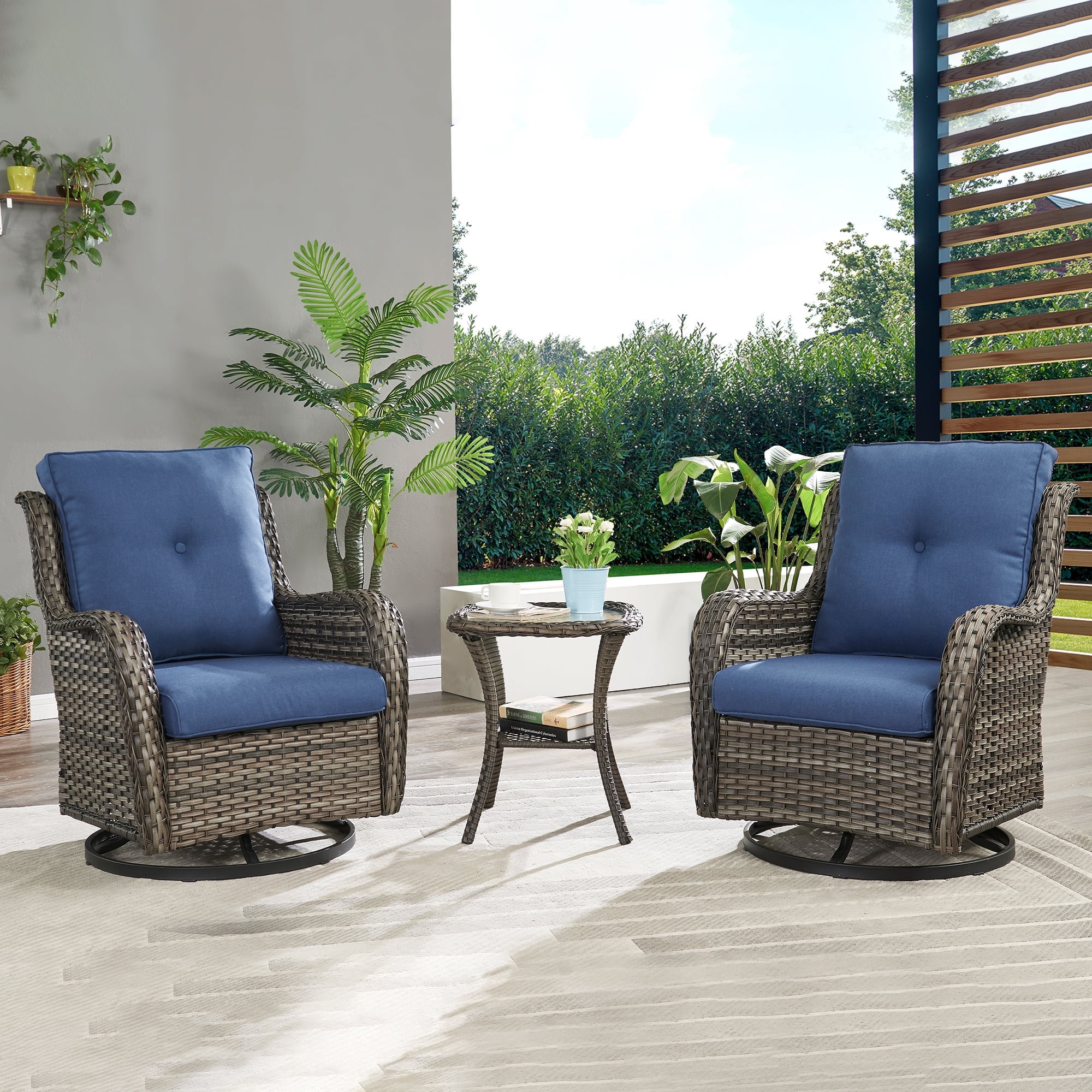 PARKWELL 3Piece Patio Set Swivel Glider Chairs & Table, Gray Wicker