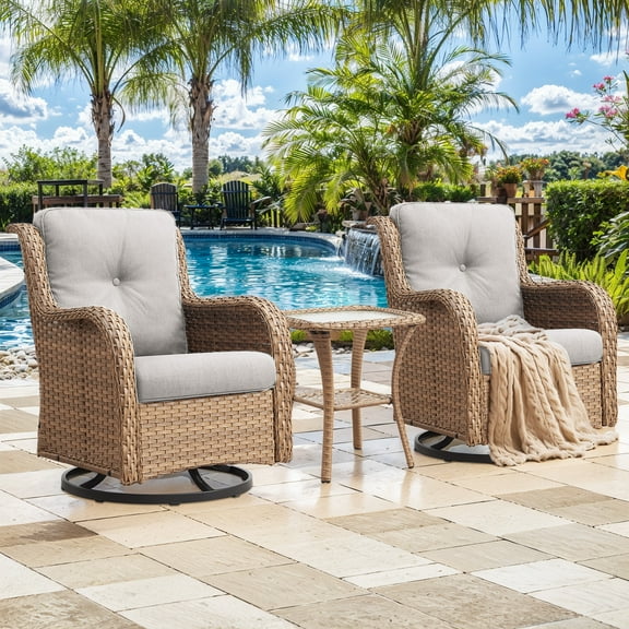 PARKWELL 3-Piece Outdoor Swivel Gliders with Side Table,Rattan Wicker Bistro Furniture Set,Yellow Wicker and Beige Cushion