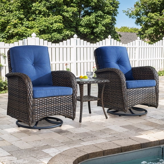 PARKWELL 3-Piece Outdoor Swivel Gliders with Thick Cushions and Side Table,Rattan Wicker Bistro Furniture Set,Brown Wicker,Blue Cushion
