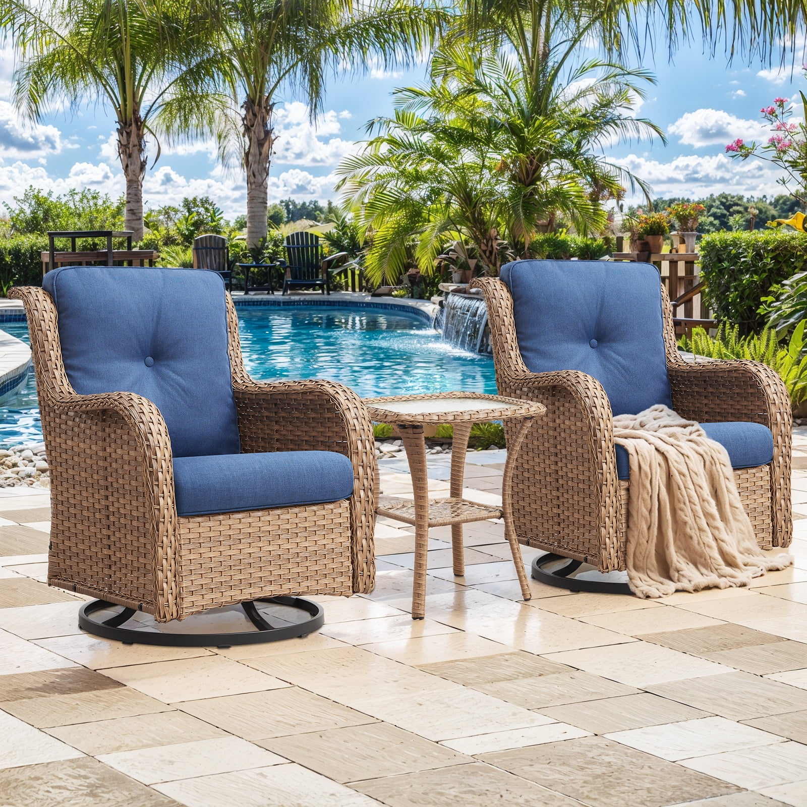 PARKWELL 3-Piece Outdoor Swivel Gliders with Side Table,Rattan Wicker Bistro Furniture Set,Yellow Wicker and Blue Cushion