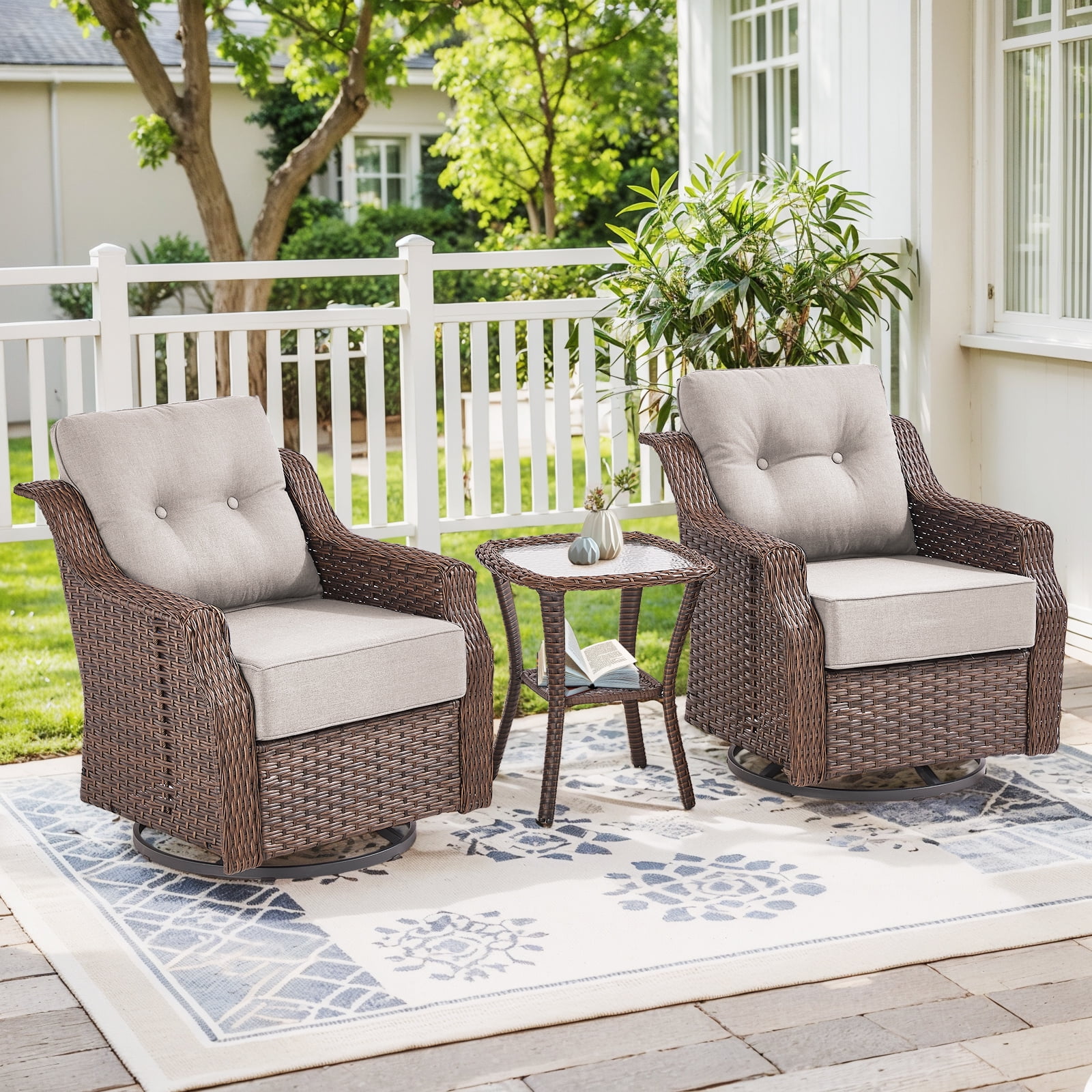 PARKWELL 3-Piece Outdoor Swivel Rocker Chair with Side Table,All-Weather Rattan Swivel Glider Rocking Lounge Chair,Patio Bistro Set for Porch Deck Backyard,Brown/Beige
