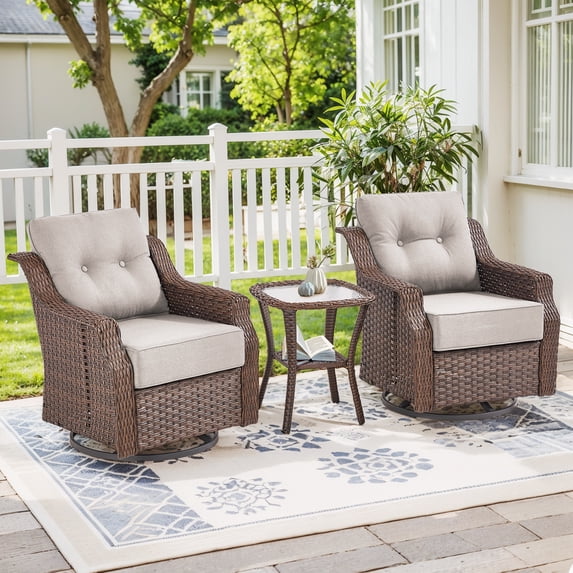 PARKWELL 3-Piece Outdoor Swivel Rocker Chair with Side Table,All-Weather Rattan Swivel Glider Rocking Lounge Chair,Patio Bistro Set for Porch Deck Backyard,Brown/Beige