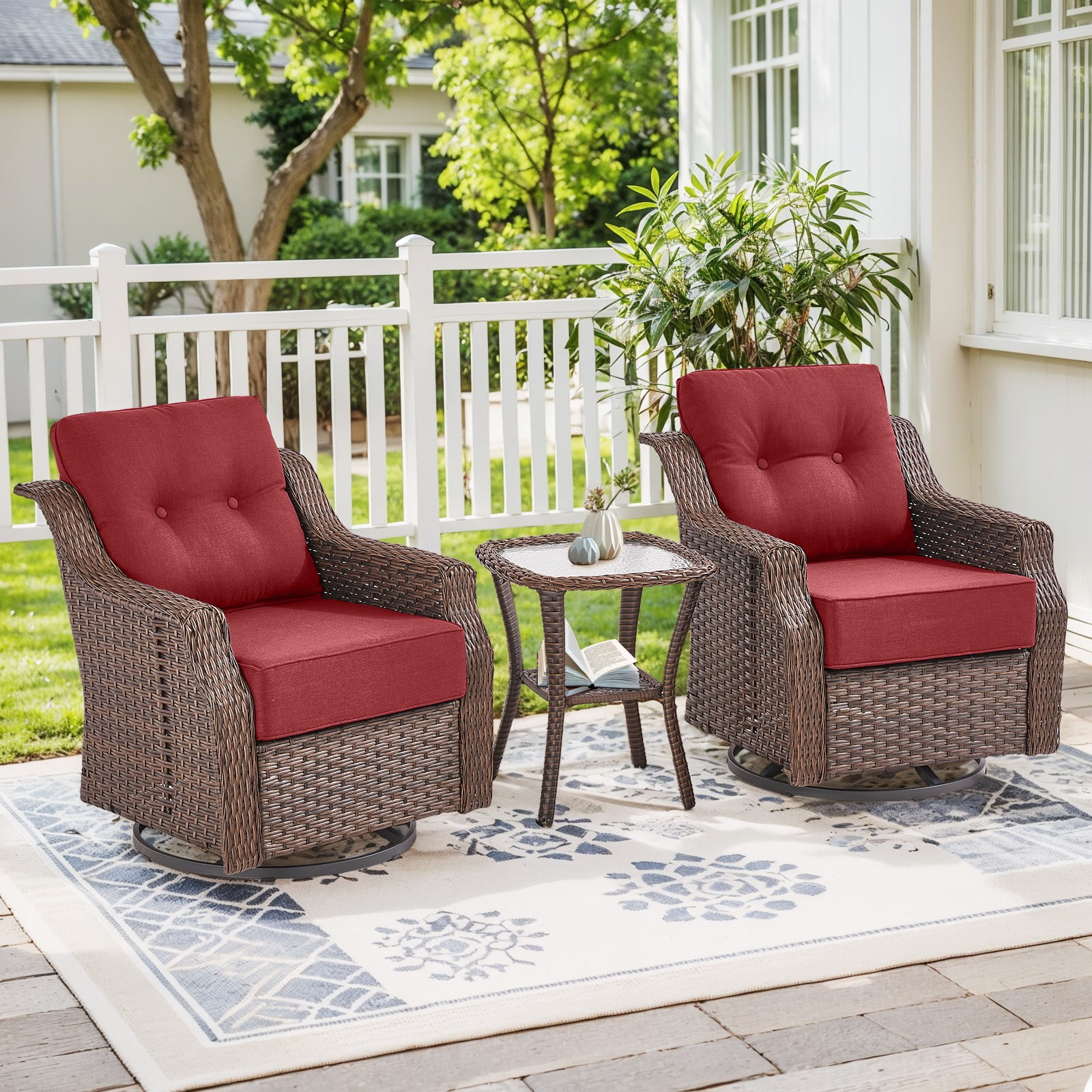 PARKWELL 3-Piece Outdoor Swivel Rocker Chair with Side Table,All-Weather Rattan Swivel Glider Rocking Lounge Chair,Patio Bistro Set for Porch Deck Backyard,Brown/Red