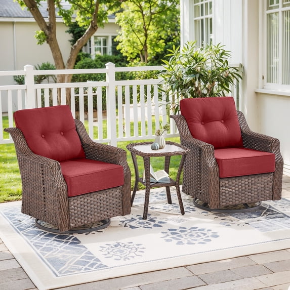 PARKWELL 3-Piece Outdoor Swivel Rocker Chair with Side Table,All-Weather Rattan Swivel Glider Rocking Lounge Chair,Patio Bistro Set for Porch Deck Backyard,Brown/Red