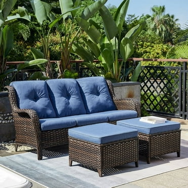 PARKWELL 3-Piece Patio Conversation Set,Cushioned Sofa with Ottomans,Outdoor Furniture Sets,Brown Wicker and Blue Cushion