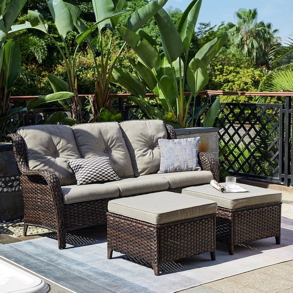 PARKWELL 3-Piece Patio Conversation Set,Cushioned Sofa with Ottomans,Outdoor Furniture Sets,Brown Wicker and Gray Cushion