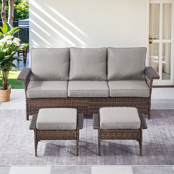 PARKWELL 3-Piece Patio Sofa Couch with Cushioned Ottoman Seat Foot Rest,Outdoor Rattan Wicker Conversation Furniture Sets,Gray