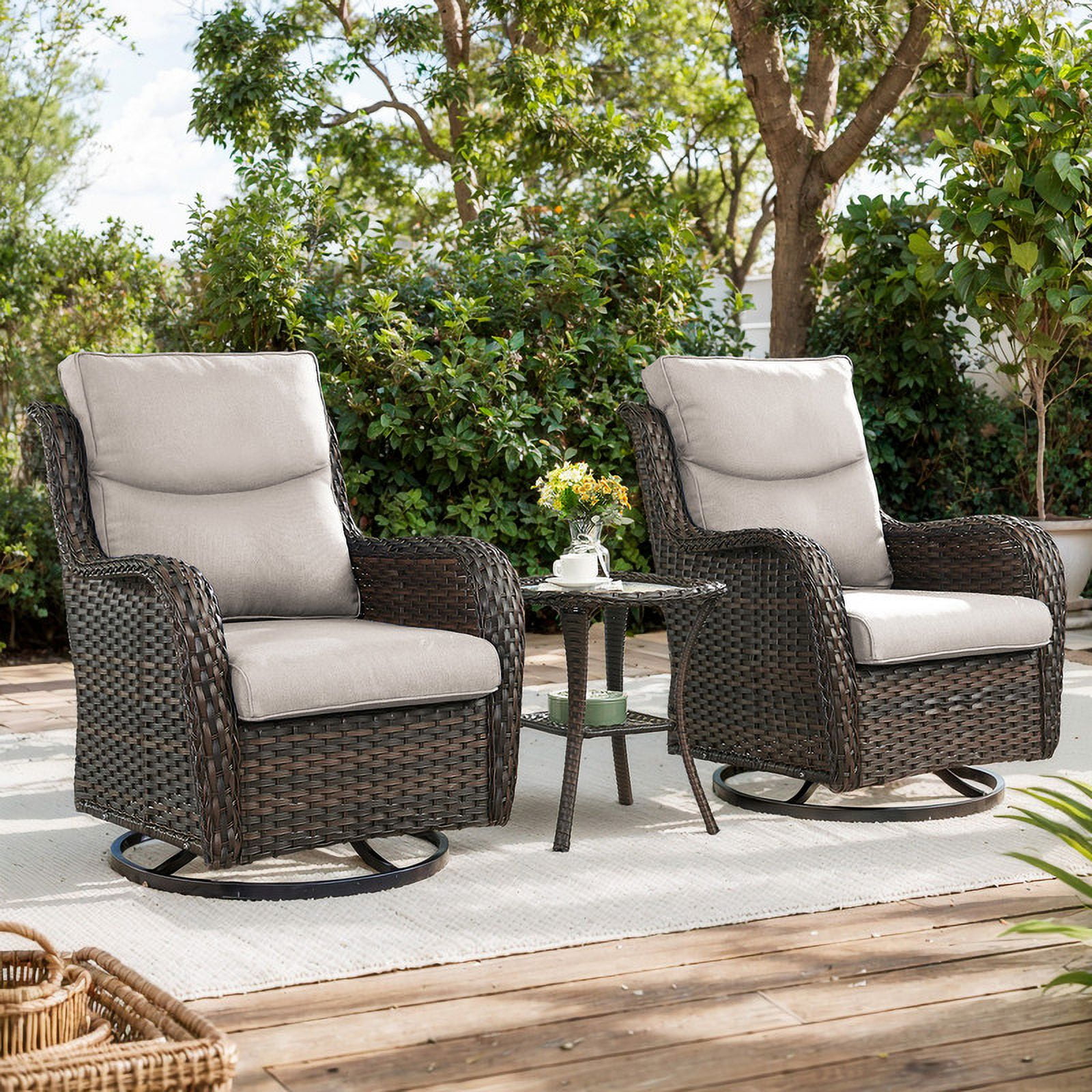 PARKWELL 3-Piece Patio Wicker Chairs Swivel Rocker Set,Outdoor High Back Swivel Glider Rocking Lounge Chairs with Side Table for Patio Deck Garden,Brown/Beige