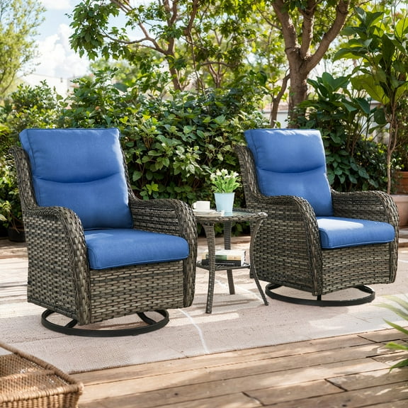 PARKWELL 3-Piece Patio Wicker Chairs Swivel Rocker Set,Outdoor High Back Swivel Glider Rocking Lounge Chairs with Side Table for Patio Deck Garden,Gray/Navy