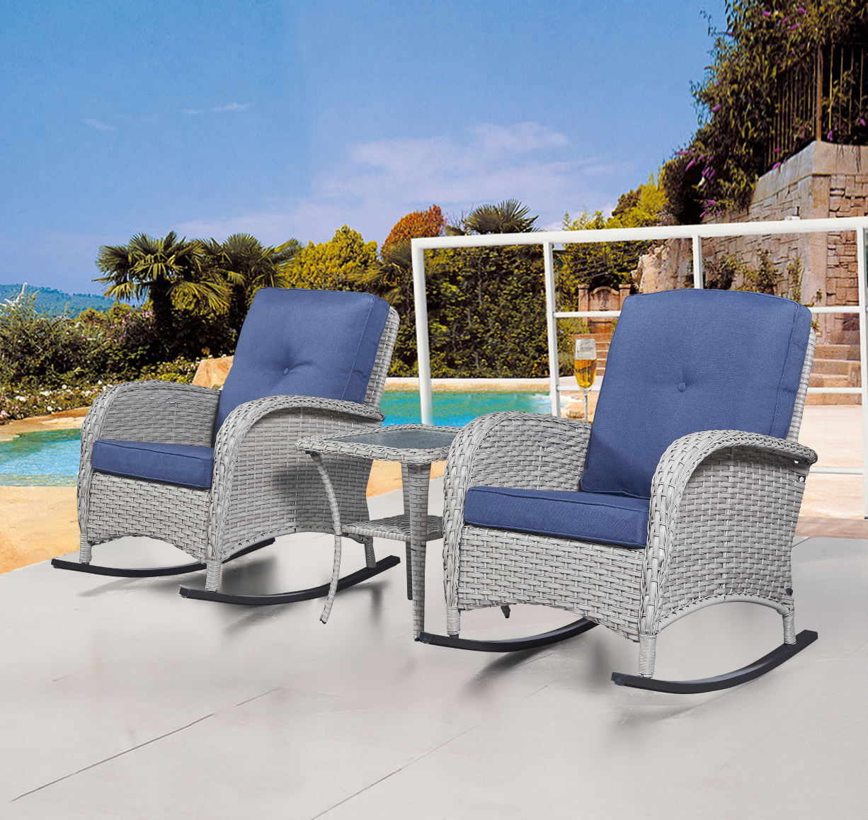 SOLAURA 3Piece Outdoor Furniture Rocking Chairs Set, Brown Wicker