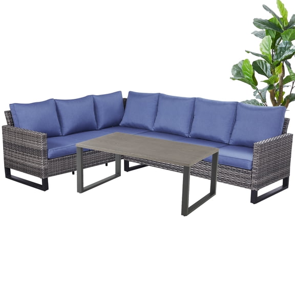 PARKWELL 3 Piece Wicker Outdoor Patio Sectional Dining Set,All Weather Hand-Woven Conversation Sofa Couch Set with Dining Table for 6 Person,Navy