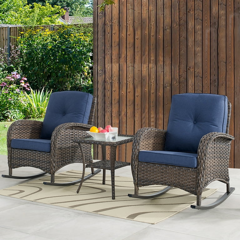 PARKWELL 3-Piece Wicker Rocking Chair with Side Table and Cushions  Outdoor Patio Bistro Set Brown Wicker, Blue Cushions