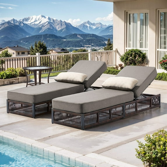 PARKWELL 3 Pieces Outdoor Chaise Lounge Chair Set, Wicker Reclining Chair with Side Table,5-Position Backrest, 5" Thick Cushions and Lumbar Support for Patio or Poolside, Brown/Gray