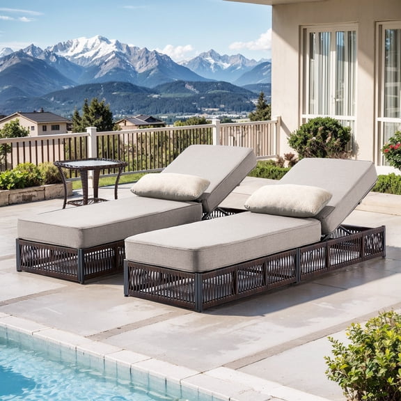 PARKWELL 3 Pieces Outdoor Chaise Lounge Chair Set, Wicker Reclining Chair with Side Table,5-Position Backrest, 5" Thick Cushions and Lumbar Support for Patio or Poolside, Brown/Beige