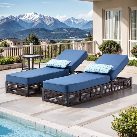 PARKWELL 3 Pieces Outdoor Chaise Lounge Chair Set, Wicker Reclining Chair with Side Table,5-Position Backrest, 5" Thick Cushions and Lumbar Support for Patio or Poolside, Brown/Navy