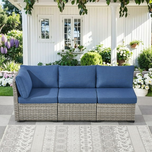 PARKWELL 3-Pieces Outdoor Modular 3 Seats Sofa,All-Weather Patio Rattan Wicker Couch Deep Seat Furniture Set with Cushion,Taupe/Navy