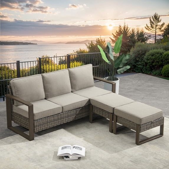 PARKWELL 3 Pieces Outdoor Patio Sofa Furniture Set,All-Weather Wicker Rattan Couch with 2 Ottomans,Gray