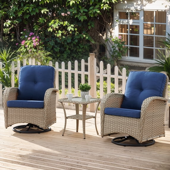 PARKWELL 3 Pieces Outdoor Swivel Gliders Rocker Set,High Back Wicker Patio Chairs with Side Table,Light Gray Rattan Deep Seating Furniture with Non-Slip Navy Cushion for Porch Deck Backyard