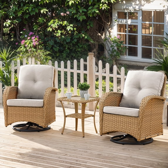 PARKWELL 3 Pieces Outdoor Swivel Gliders Rocker Set,High Back Wicker Patio Chairs with Side Table,Yellow Rattan Deep Seating Furniture with Non-Slip Beige Cushion for Porch Deck Backyard