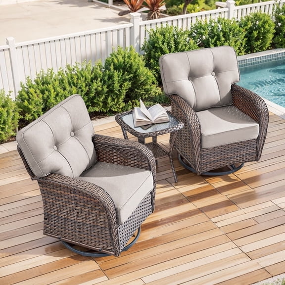 PARKWELL 3 Pieces Patio Furniture Set, Outdoor Swivel Gliders Rocker, All-Weather Wicker Bistro Set with Rattan Rocking Chair, Glass Top Side Table and 5" Thick Cushion for Porch Deck, Brown/Beige