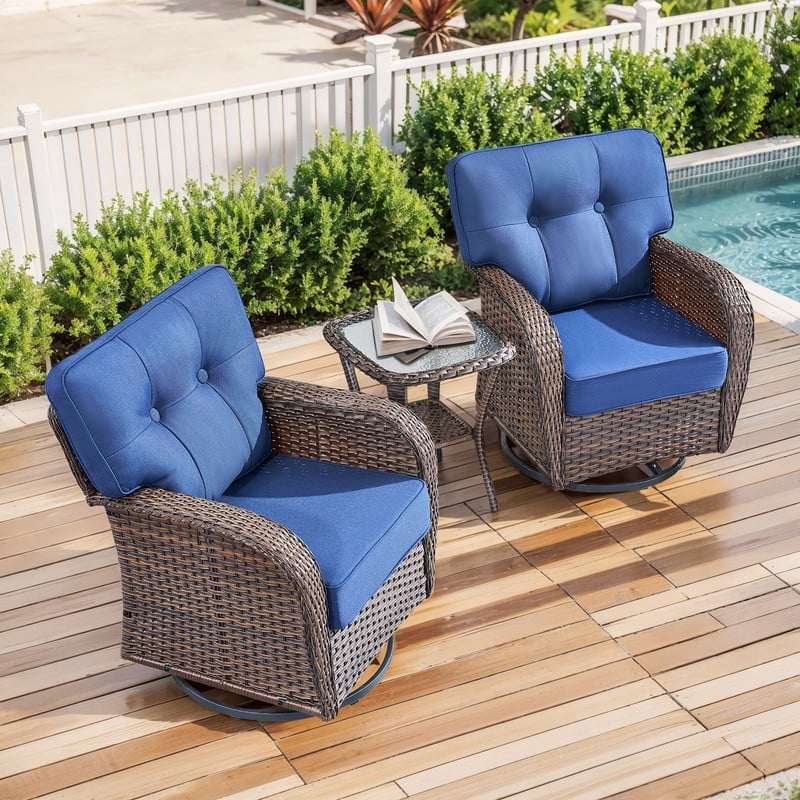 PARKWELL 3 Pieces Patio Furniture Set, Outdoor Swivel Gliders Rocker, All-Weather Wicker Bistro Set with Rattan Rocking Chair, Glass Top Side Table and 5" Thick Cushion for Porch Deck, Brown/Navy