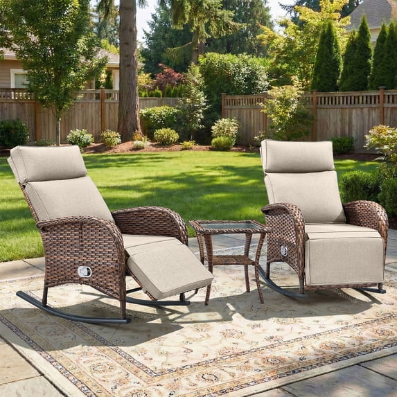 PARKWELL 3 Pieces Patio Wicker Rocking Recliner Chair Set, Outdoor Manual Reclining Glider with Side Table, Independent Adjustable Back and Footrest, Luxury Rocker Lounge Chair for Porch, Brown/Beige