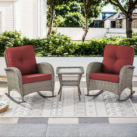PARKWELL 3 Pieces Wicker Patio Set Outdoor Rocking Chair with Table,All-Weather Rattan Rocker Lounge Chair with Thick Red Cushions for Porch Balcony Backyard,Gray Wicker