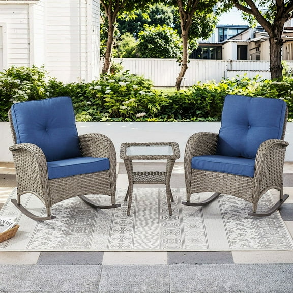 PARKWELL 3 Pieces Wicker Patio Set Outdoor Rocking Chair with Table,All-Weather Rattan Rocker Lounge Chair with Thick Navy Cushions for Porch Balcony Backyard,Gray Wicker