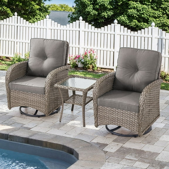 PARKWELL 3 Pieces Wicker Patio Set Outdoor Swivel Glider Chair with Table,All-Weather Rattan Swivel Rocking Lounge Chair with Thick Gray Cushions for Porch Balcony Backyard,Gray Wicker