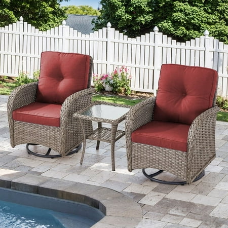 PARKWELL 3 Pieces Wicker Patio Set Outdoor Swivel Glider Chair with Table,All-Weather Rattan Swivel Rocking Lounge Chair with Thick Red Cushions for Porch Balcony Backyard,Gray Wicker