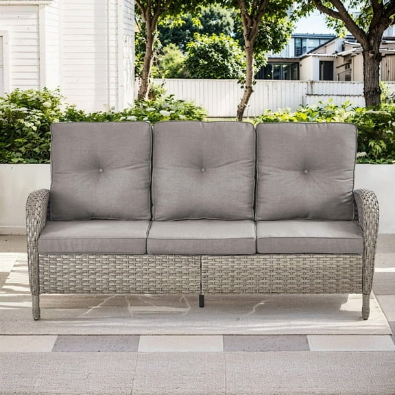 PARKWELL 3-Seat Patio Wicker Couch Outdoor Rattan Sofa Furniture with Thick Gray Cushions for Porch Balcony Backyard,Gray Wicker