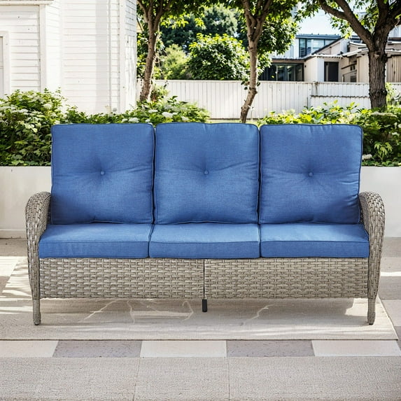 PARKWELL 3-Seat Patio Wicker Couch Outdoor Rattan Sofa Furniture with Thick Navy Cushions for Porch Balcony Backyard,Gray Wicker