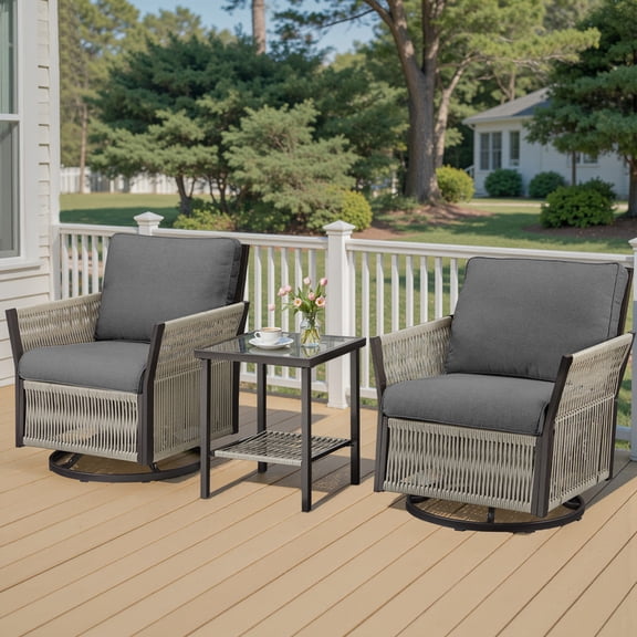 PARKWELL 3PCS Outdoor Swivel Glider Chairs Set, All-Weather Wicker Rattan Swivel Rocking Chair with Side Table,Oversized Deep Seat Rocker Lounge Chairs for Porch Balcony, Gray